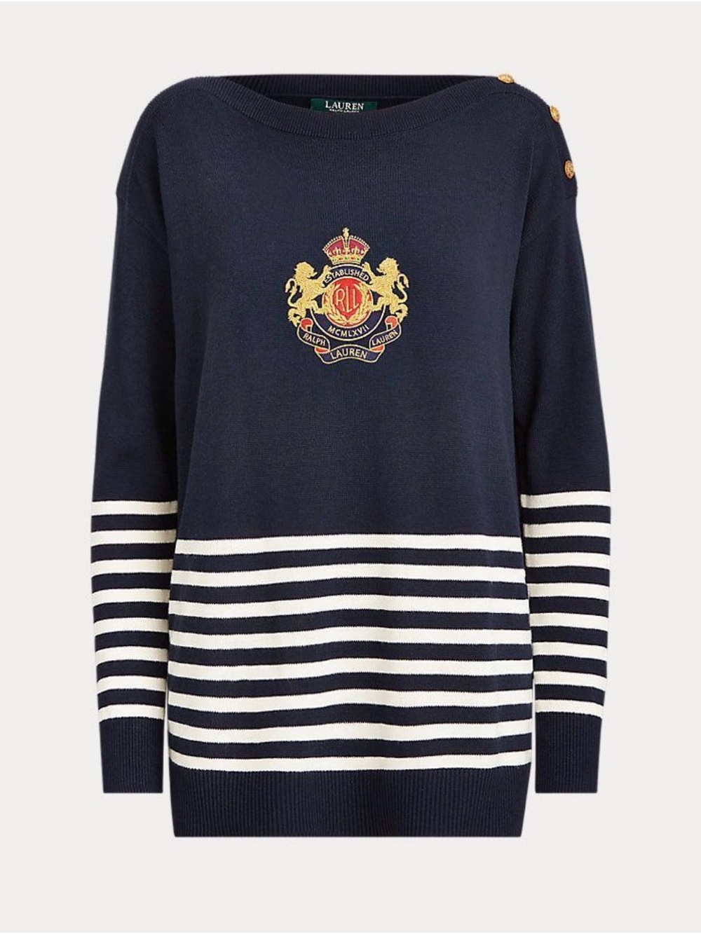 Ralph Lauren Navy & White Striped Crest Boat-Neck Sweater